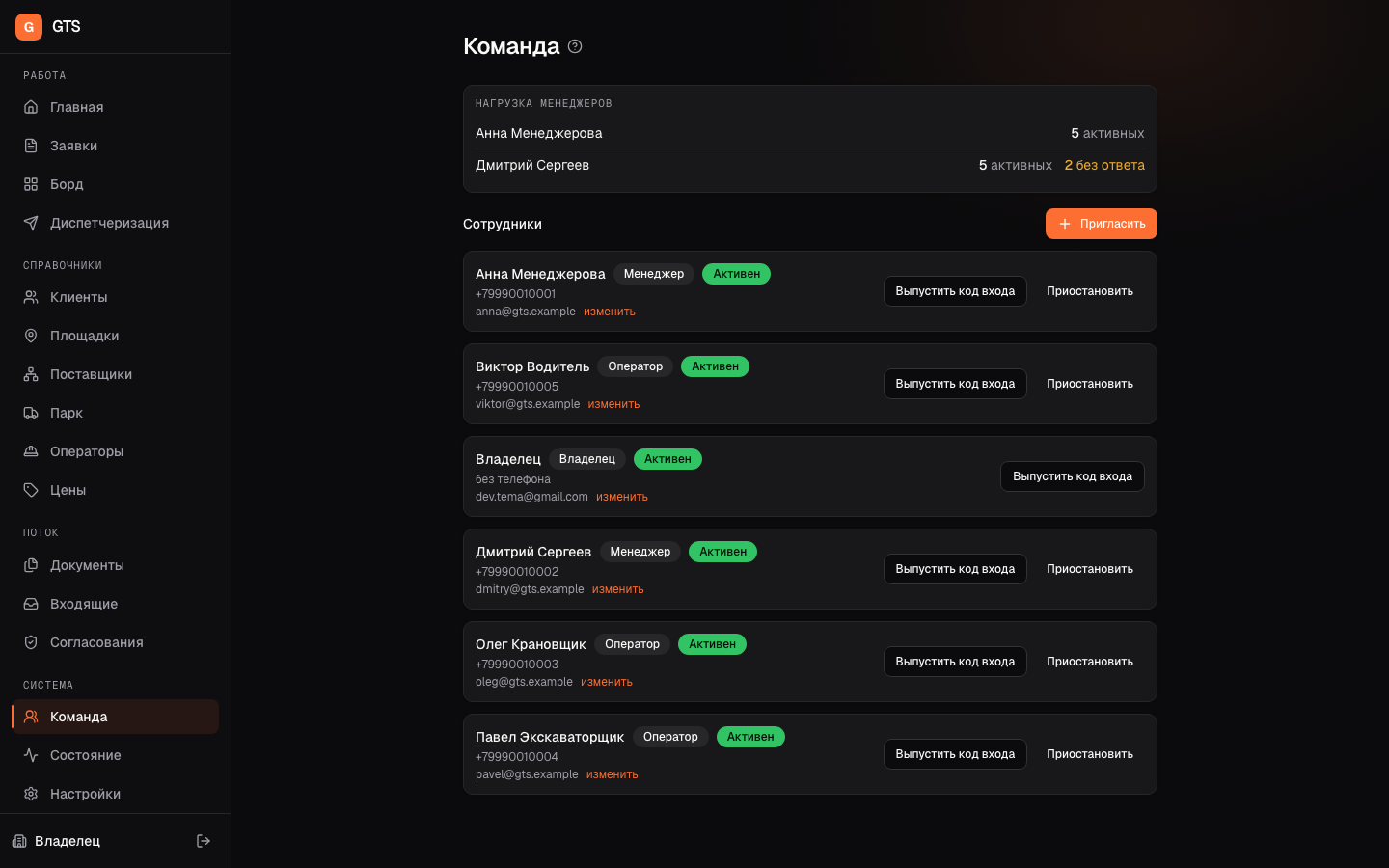 Раздел «Команда»: сотрудники, роли и коды входа